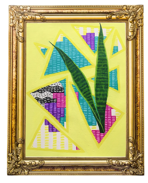 Yellow and green collage in an ornate frame